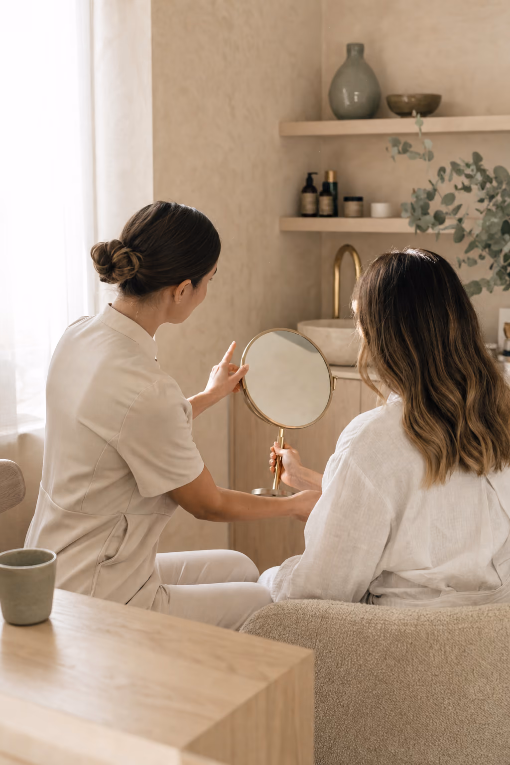 An esthetician holding up a mirror for a seated client during a skin consultation.