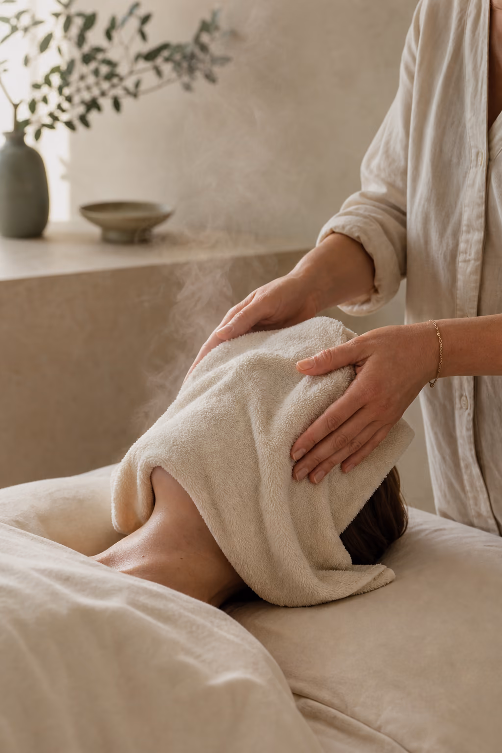 Warm steam rising from a towel draped over a client's face during a facial.