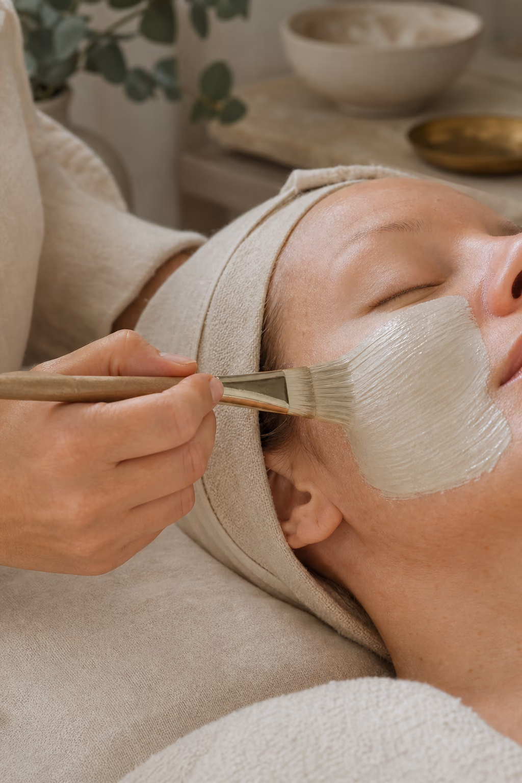 An esthetician brushing a clay mask across a client's cheek during a facial.