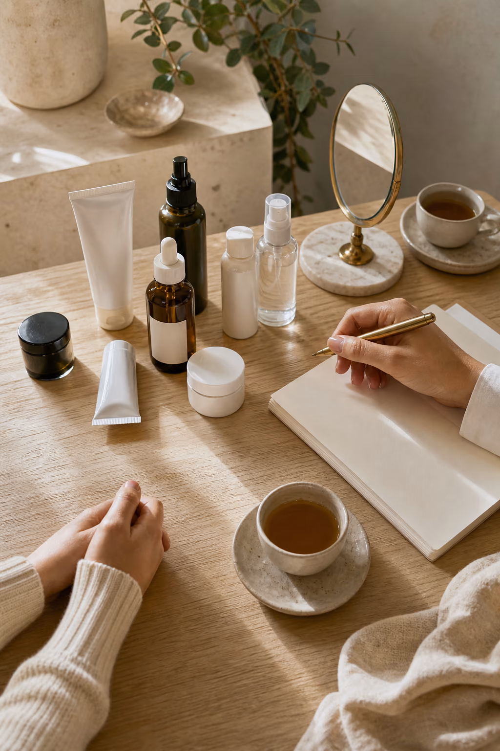 Hands writing skincare notes in a notebook beside a row of product bottles and a cup of tea.