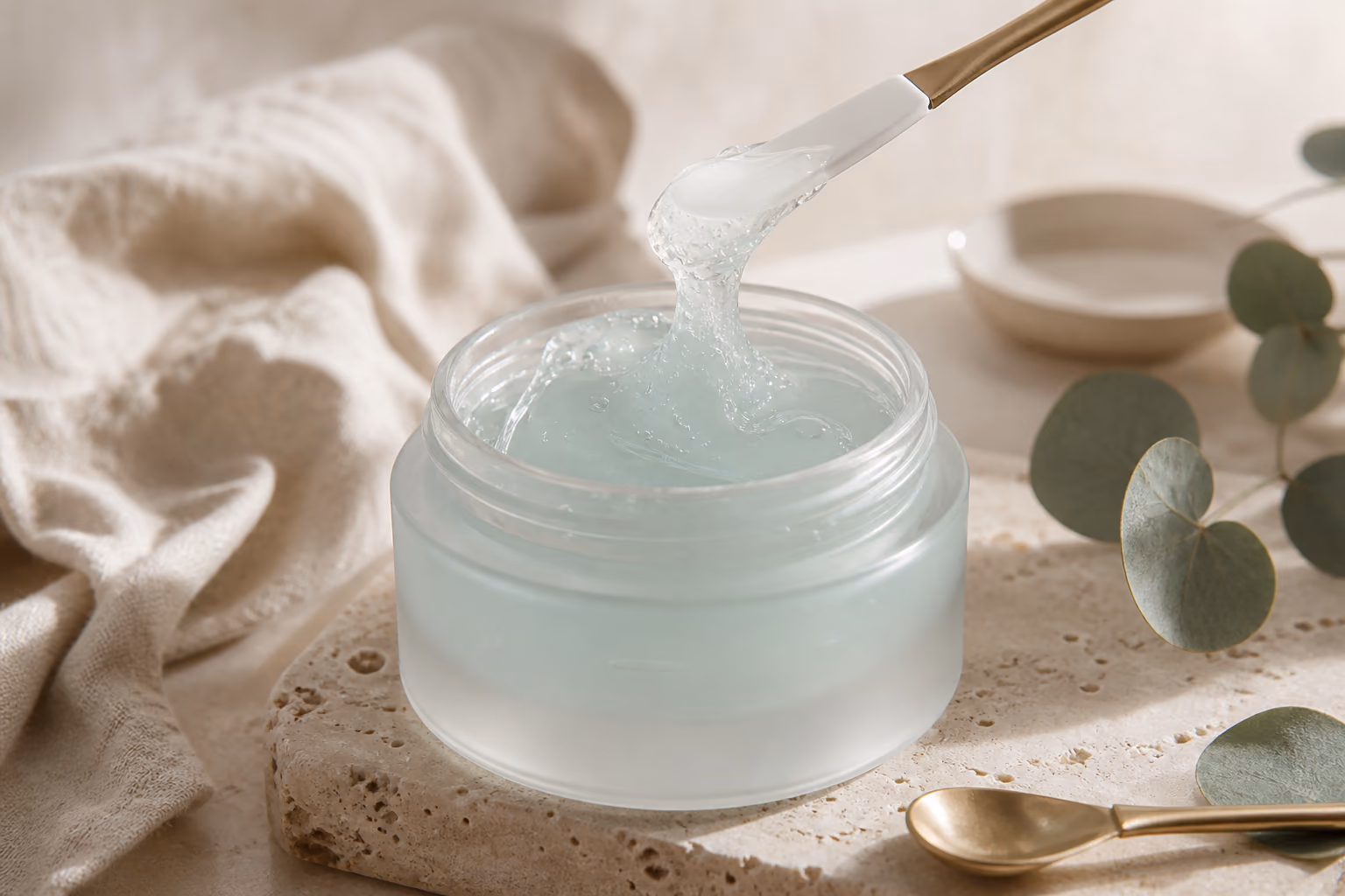 An open jar of pale blue hydrating gel mask with a spatula lifting a scoop.
