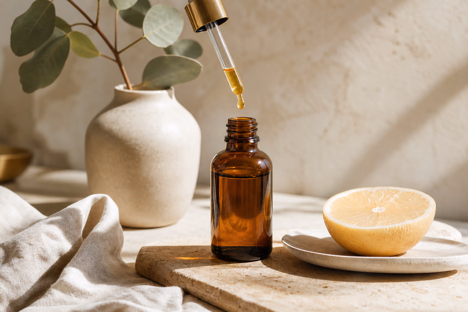 A dropper of vitamin C serum above an amber glass bottle beside half a grapefruit.