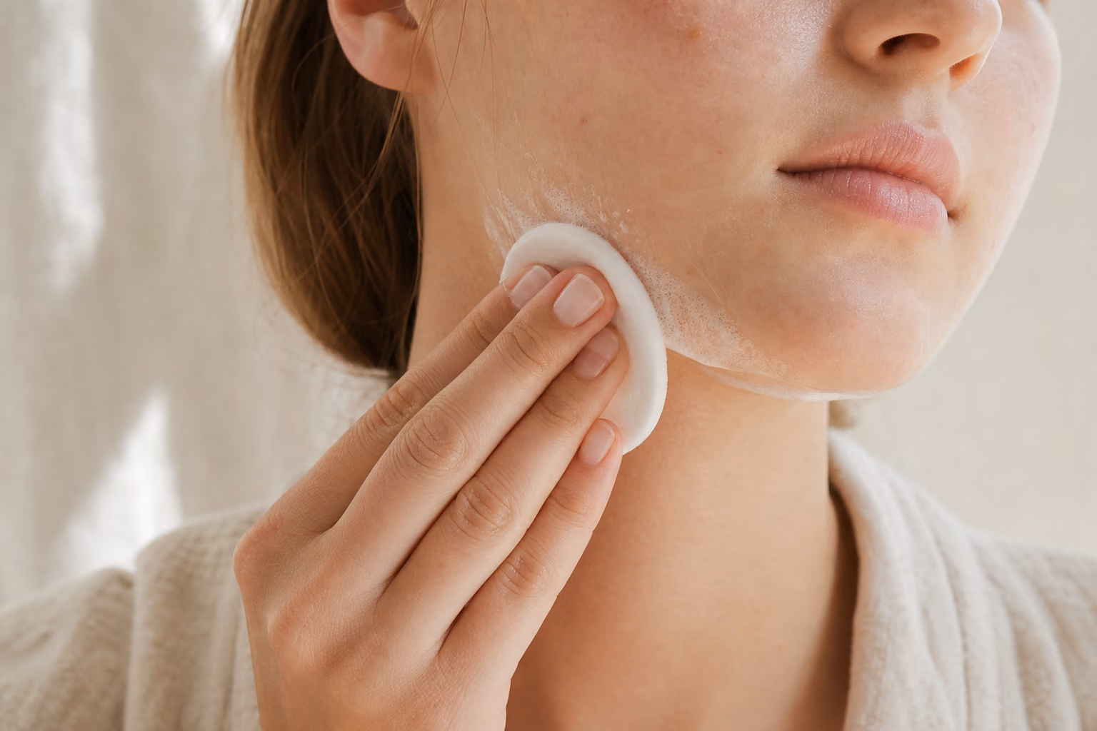 A cotton pad sweeping along a teenager's cheek to cleanse the skin.
