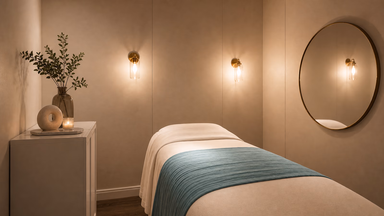 A treatment room at the studio: a made-up facial bed with a sage throw, wall sconces and a round mirror.