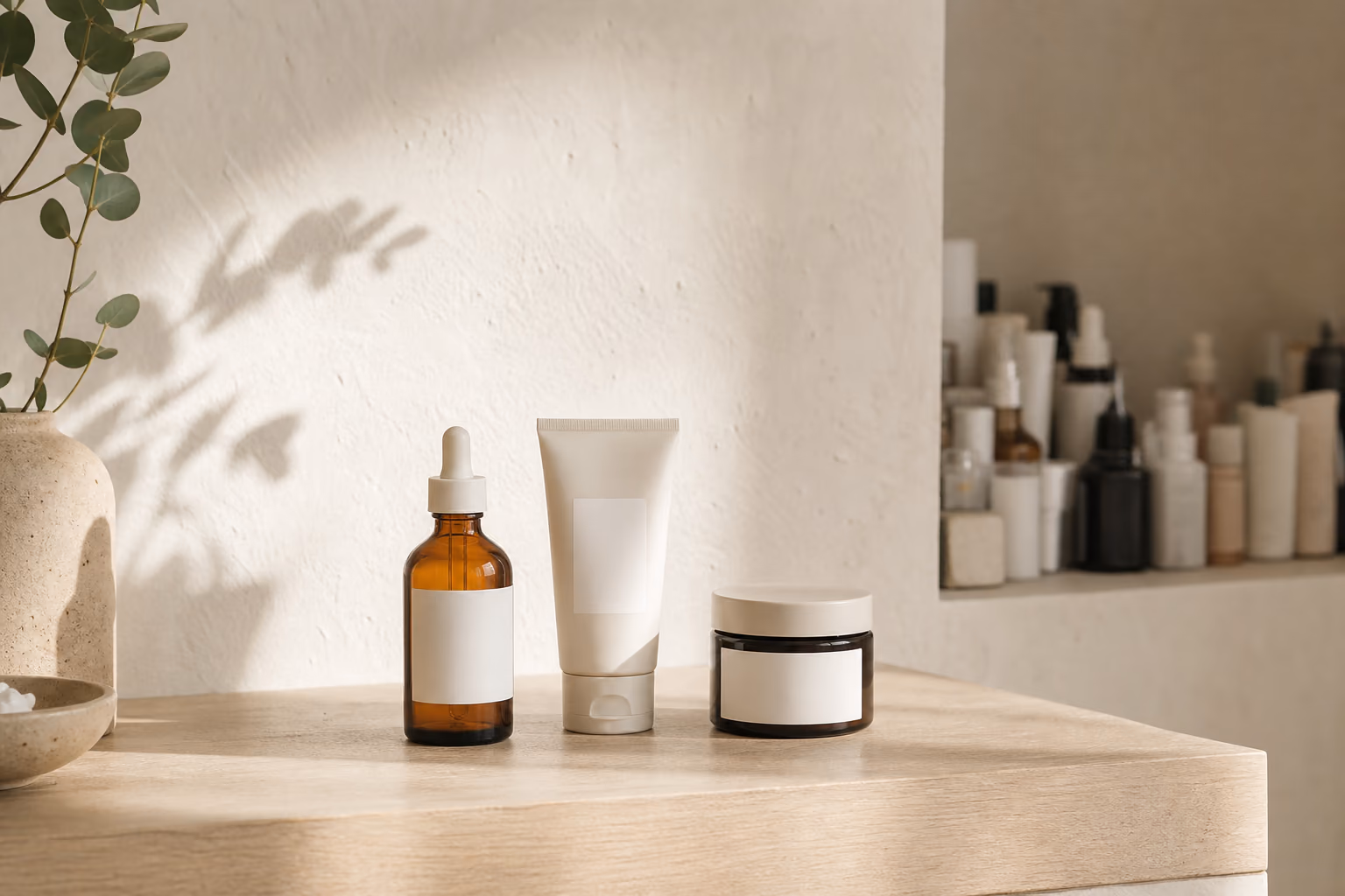 A serum bottle, tube and jar on a pale wood surface in leaf-dappled light.