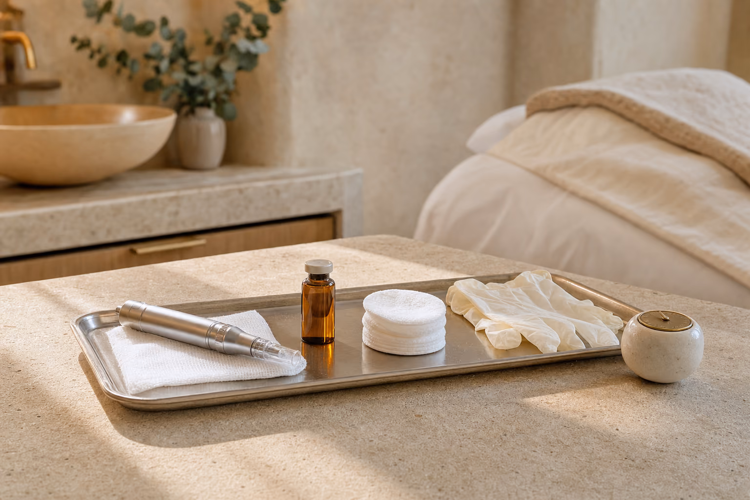 A microneedling pen, amber bottle and jar arranged on a tray beside a treatment bed.