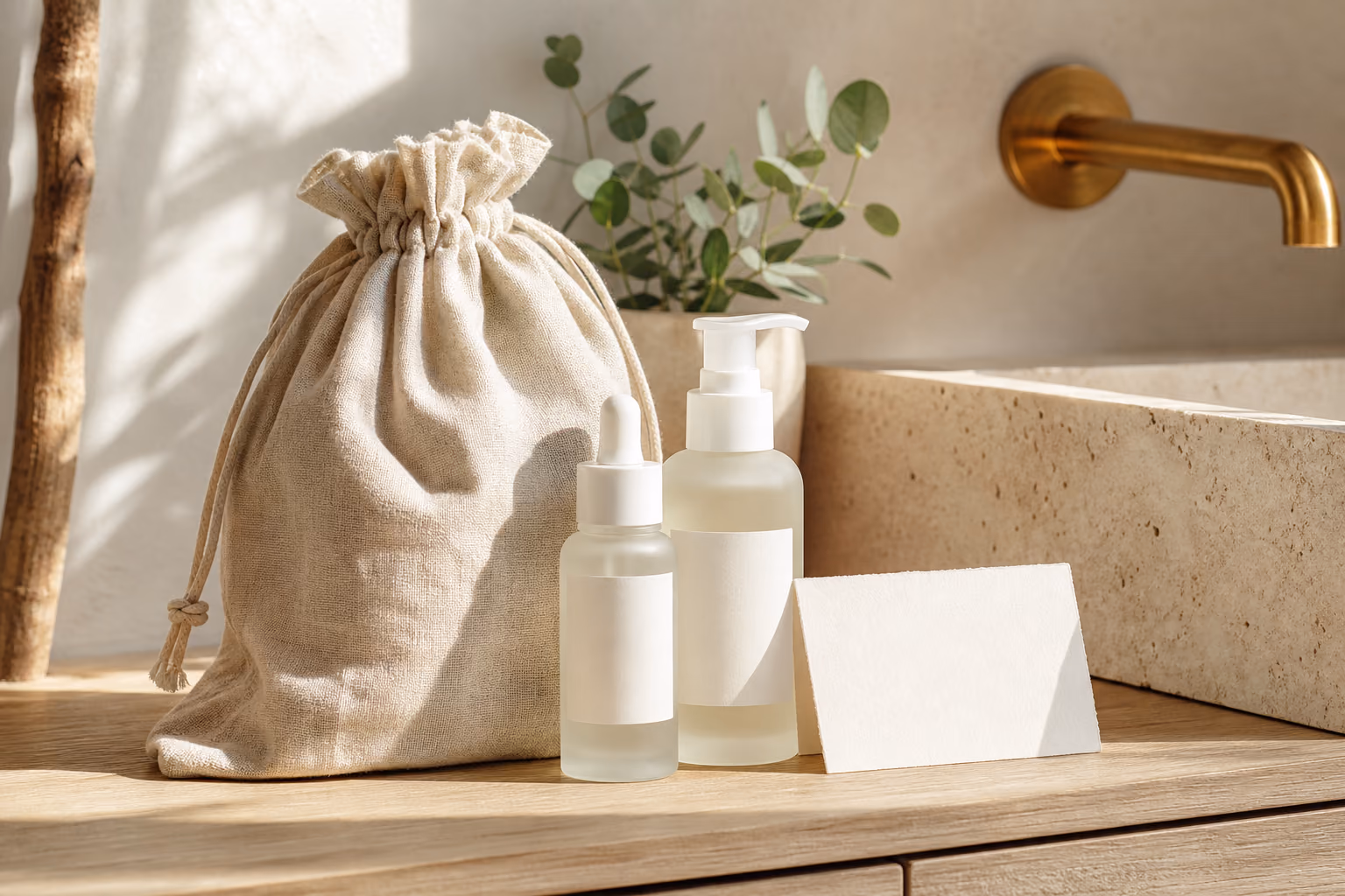 Two skincare bottles beside a linen drawstring pouch on a wooden vanity.