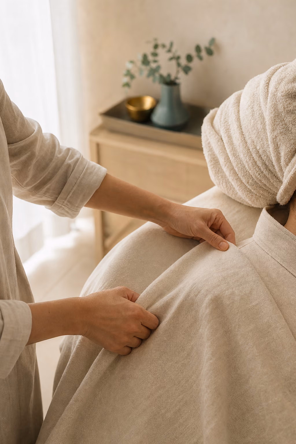 An esthetician smoothing a blanket over a client resting in a towel head-wrap.
