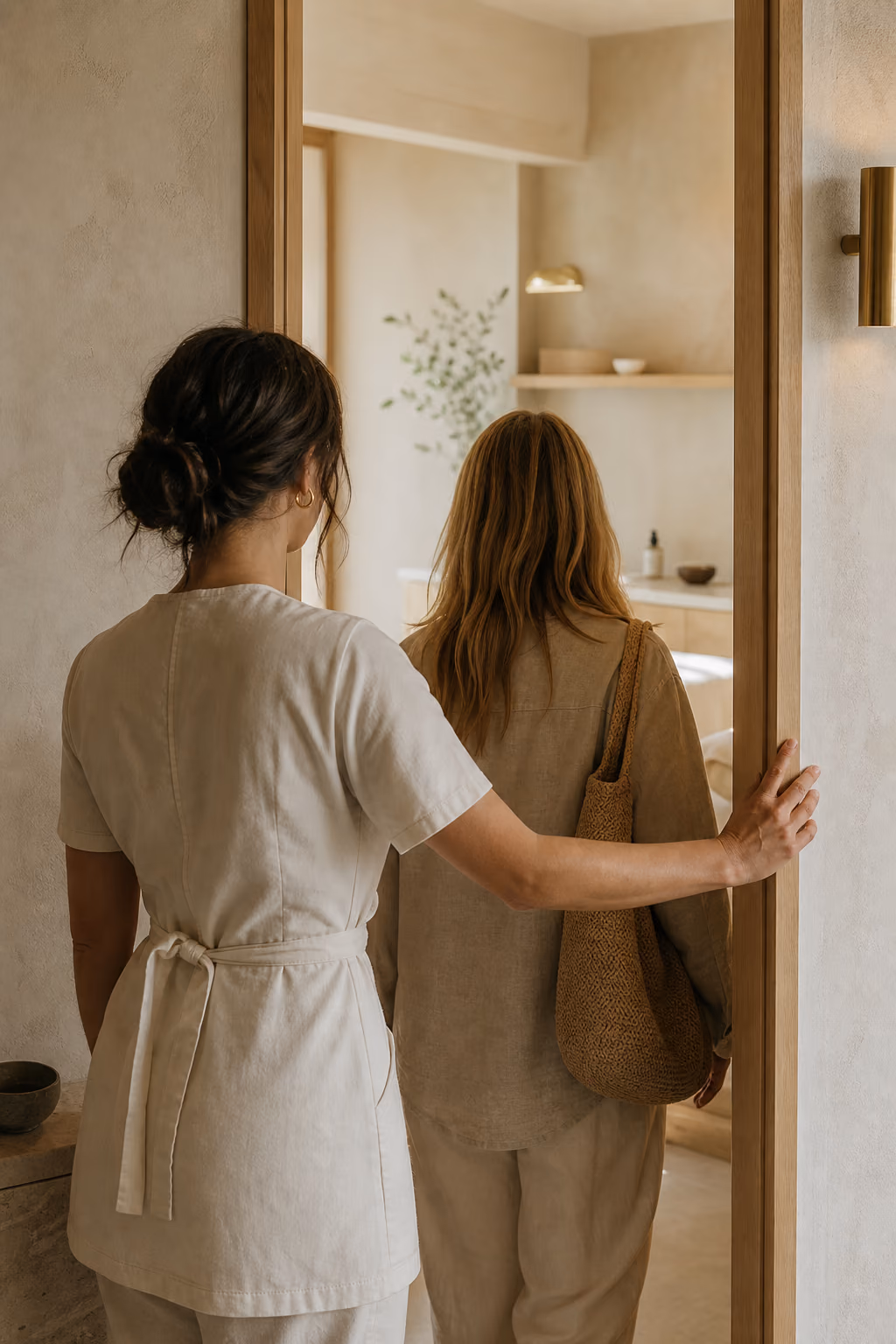 An esthetician showing a client through into a treatment room.