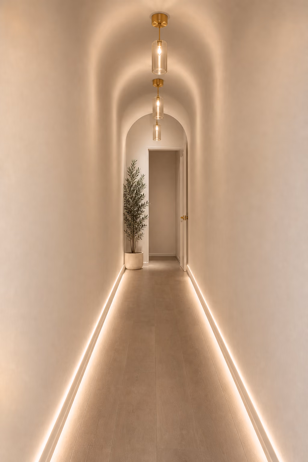 The studio's arched, softly lit hallway leading to the treatment rooms.