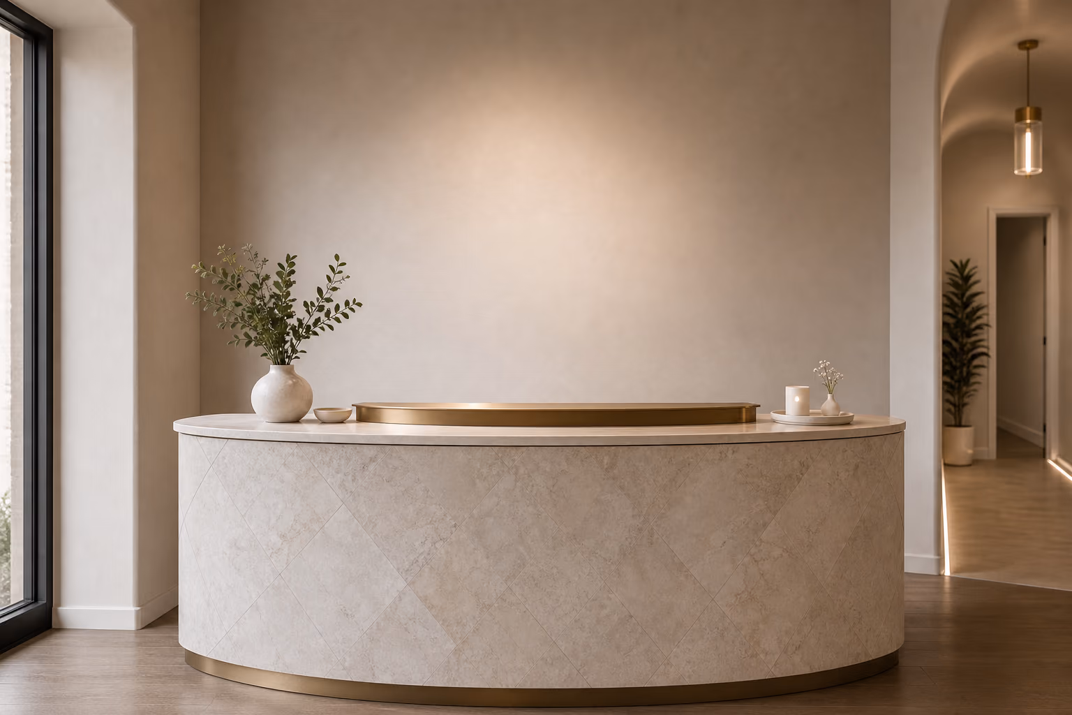 The studio's curved plaster reception desk with a vase of olive branches.