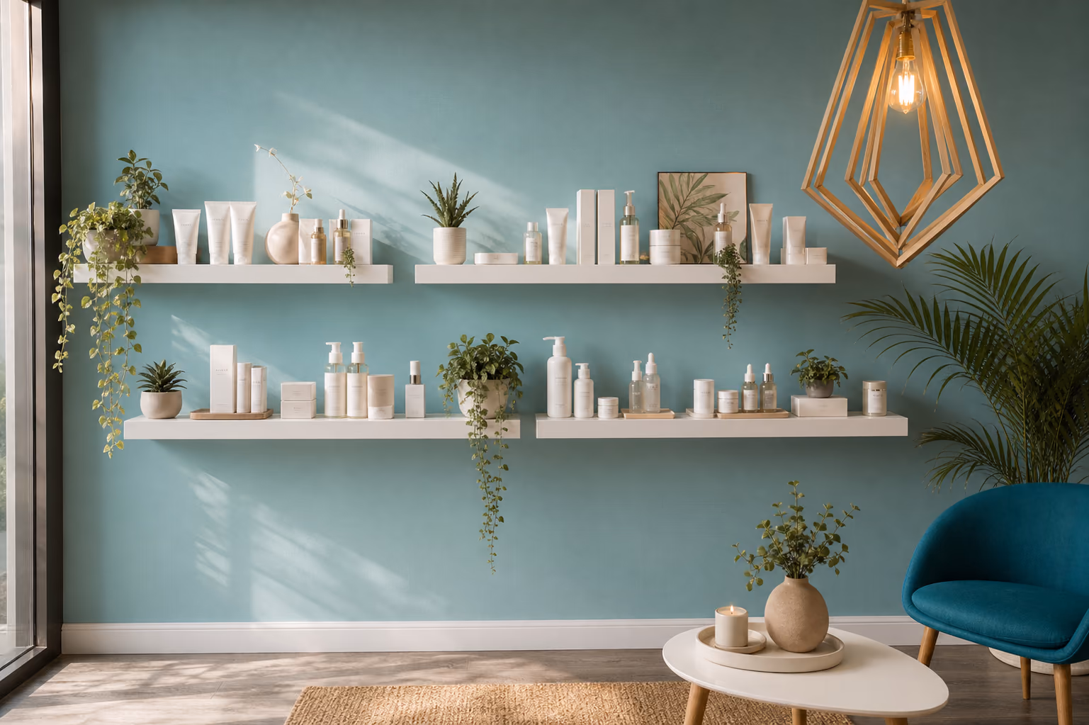 Retail shelves of skincare against a teal wall, lit by a brass pendant.