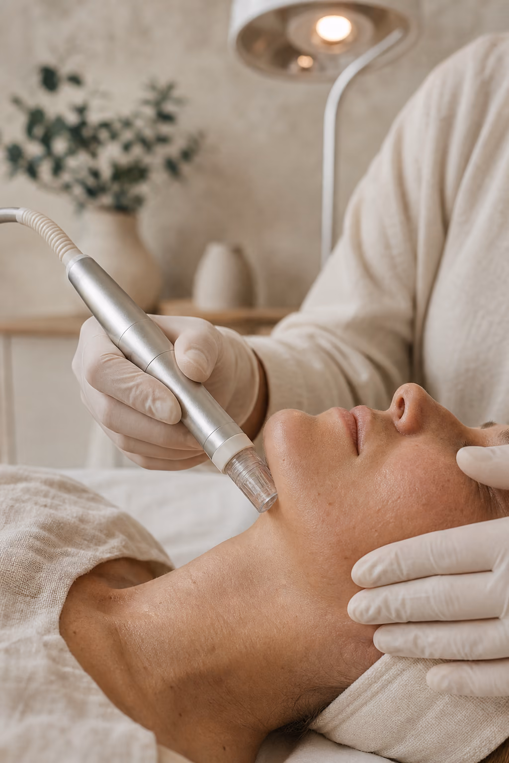 An esthetician holding a skin device while steadying a client's face before treatment.