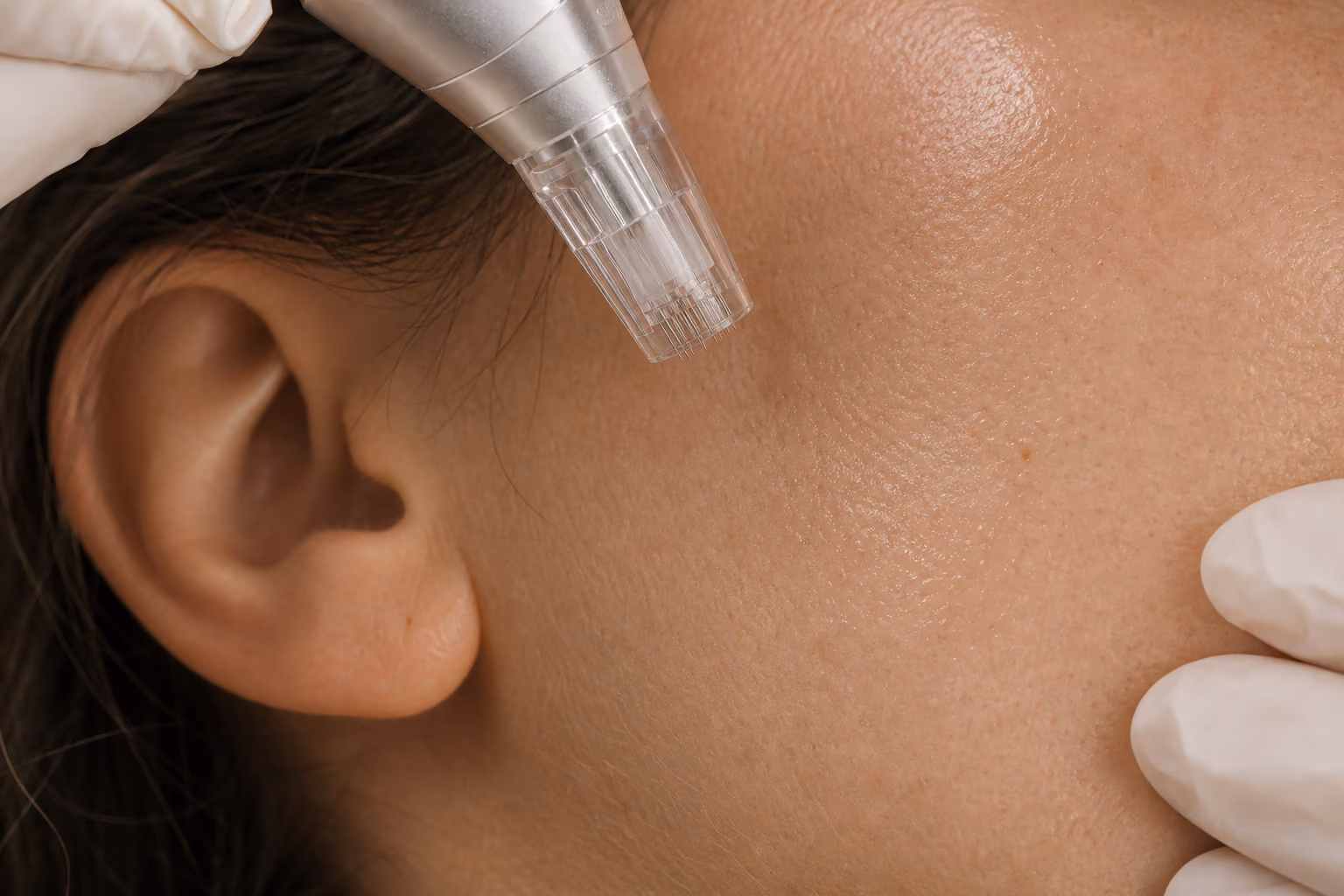 A microneedling pen being passed across a client's cheek in a gloved hand.