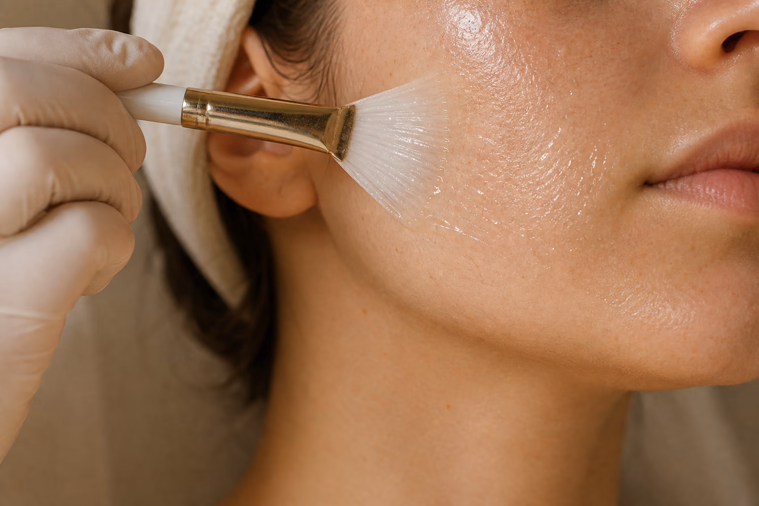 A fan brush applying chemical peel solution to a client's cheek.