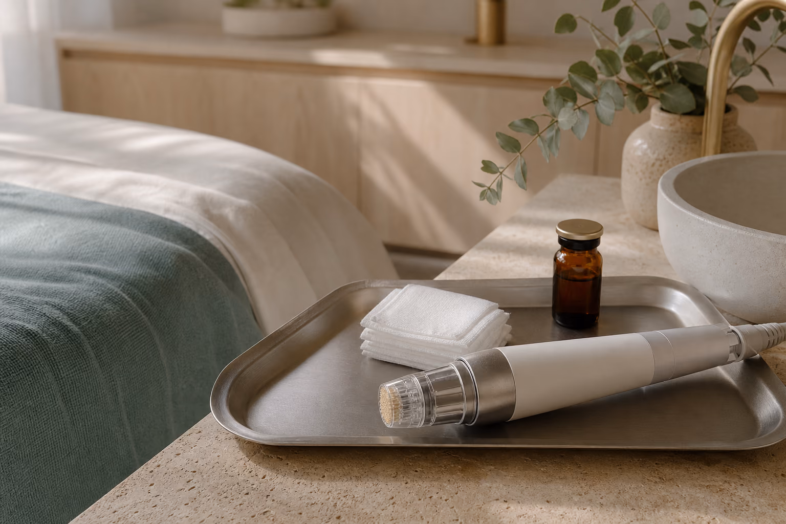 An RF microneedling handpiece and sterile tips laid out on a tray beside the treatment bed.